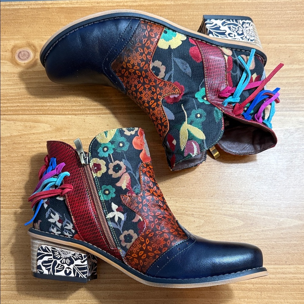 Multicolor Floral Ankle Boots - Women's Fashion Booties